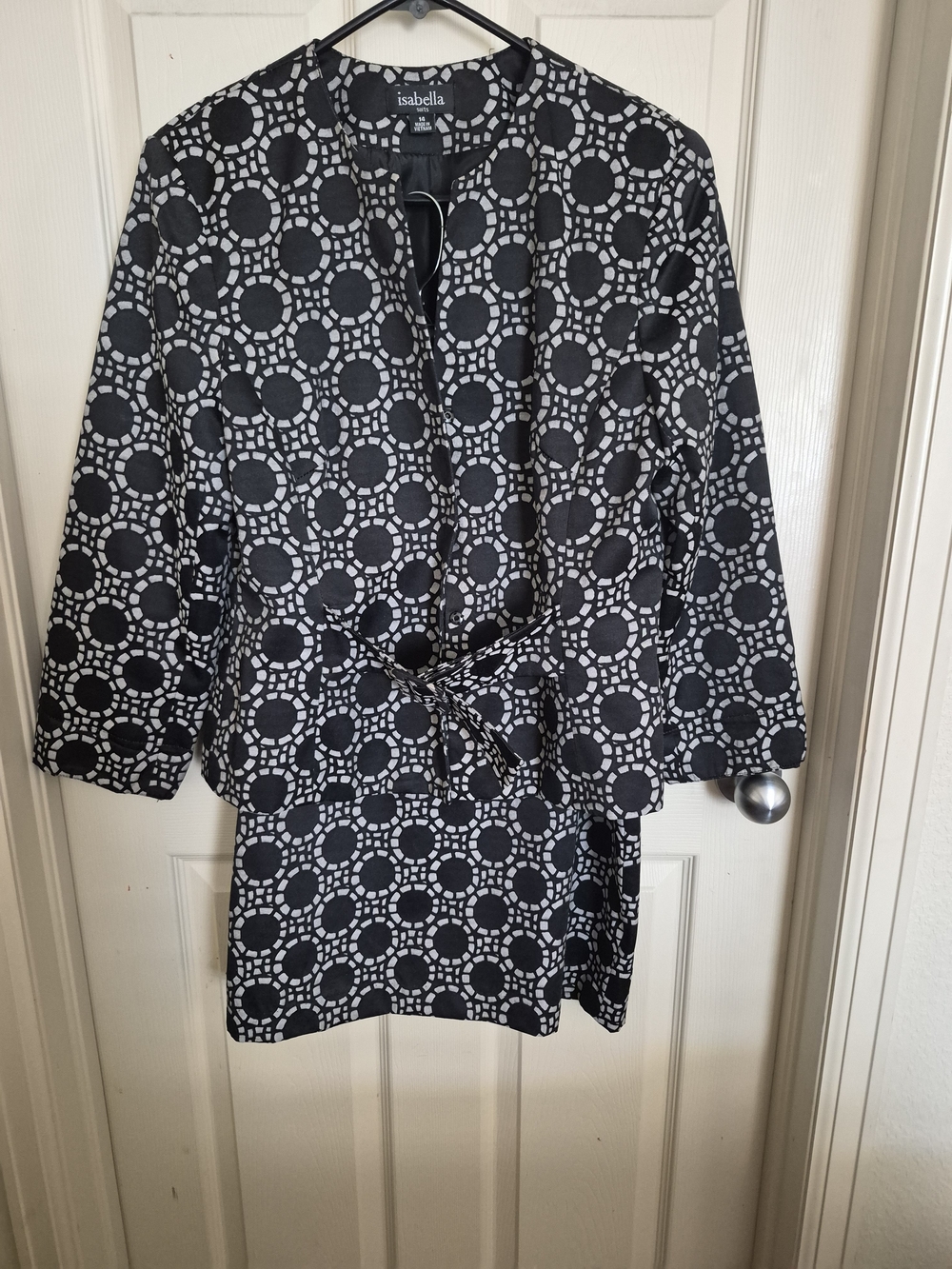 Isabella Black & White Printed Belted Jacket and Skirt Suit.